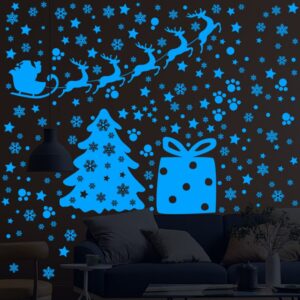 Selvlysende jule wallsticker med julemand, rensdyr, juletræ, sne, stjerner mm. -