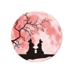 Stor selvlysende måne wallsticker. 30 cm. To søde kaniner. Lyserød. -