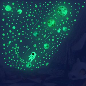 Selvlysende univers wallsticker. Solsystemets planeter, stjernehimmel, rumskibe, astronaut mm. -