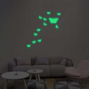 Selvlysende sommerfugle wallsticker. 1 stor, 12 små - 13 stk i alt. -