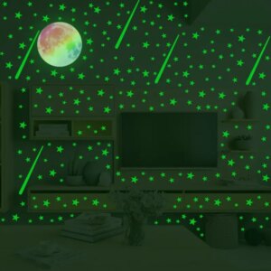 Flot selvlysende wallsticker med meteor regn. Måne, meteorer og masser af stjerner. 474 stk. -