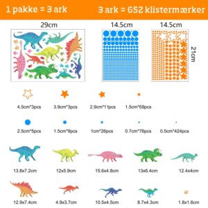 Sej selvlysende wallsticker med dinosaurer, prikker og masser af stjerner. Hele 652 stk. -