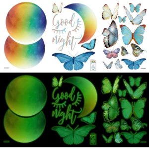 Flot selvlysende wallsticker med en farverig måne, halvmåne og masser af sommerfugle -