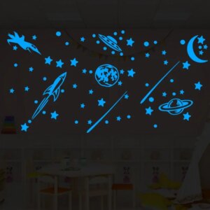 Selvlysende wallsticker med stjernehimmel, rumskib, ufoer, planeter mm. Blå. -