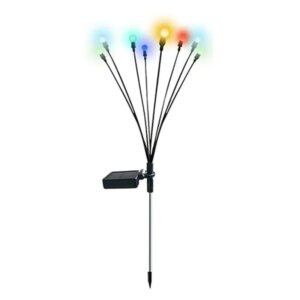 Farverig solcellelampe på spyd. Havelampe med 8 LED lamper i flotte farver. -