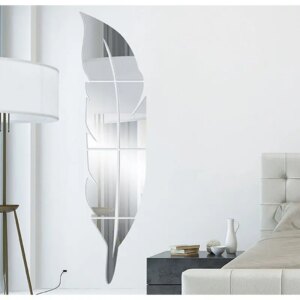 Flot spejl med en stor fjer som selvklæbende akryl spejl klistermærke. 120x30cm. -