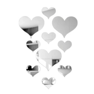 Flot spejl med hjerter i forskellige størrelser. Selvklæbende akryl spejl klistermærker. 10 stk. -