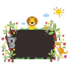 Sød firkantet tavle wallsticker til kridt med dyr, palmer, blomster mm. -