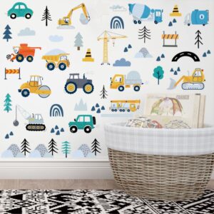 Flot wallsticker med transportmidler såsom Gravkøer, Traktorer, Kranbiler, Lastbiler, Kraner mm (90 stk) -