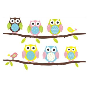 Ugle wallsticker. Sød, farverig og flot wallsticker med 6 ugler. 44x70cm. -