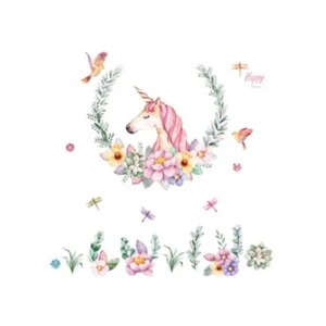 Flot enhjørning wallsticker med blomster, fugle & laurbærkrans. -
