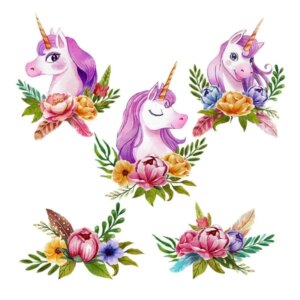 Wallsticker med 3 søde enhjørninger med lilla manke. 30x90cm -