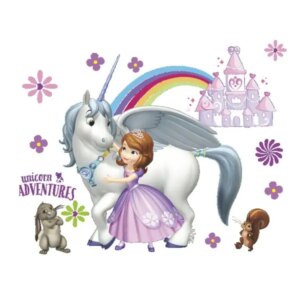 Flot eventyrlig wallsticker med prinsesse, enhjørning, regnbue. -