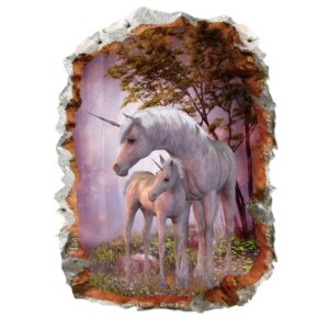 Enhjørning Wallsticker. Mor med sit føl. Hul i væggen. 50x70cm -