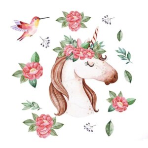 Flot wallsticker med Enhjørning, kolibri og masser af blomster. -