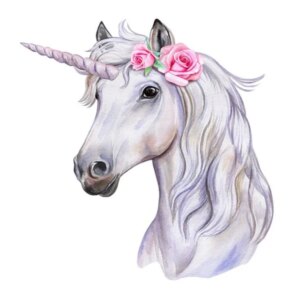 Wallsticker med et flot Enhjørning hoved. Hvid med pink roser. -