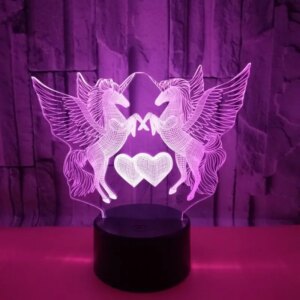 Enhjørninger og kærlighed 3D lampe. Unicorn Love. Farveskift mellem 7 farver. -