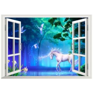 Magisk enhjørning i skoven wallsticker. Vindue. Blå/grøn. -