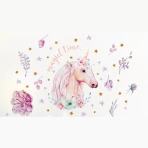Enhjørning wallsticker med blomster og stjerner. Magicl Time. -
