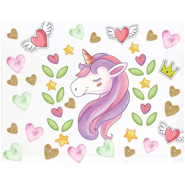 unicorn-og-hjerter Sød Enhjørning Wallsticker med masser af hjerter. 30x60cm -