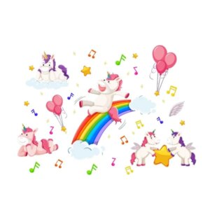 Enhjørning Wallsticker. Musik, balloner og regnbue rutsjebane. -