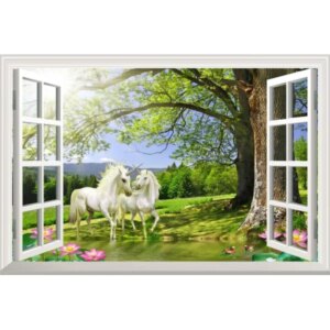Enhjørning Wallsticker. Enhjørninger i haven. Vindue i væggen. -