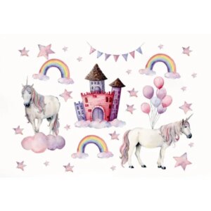 Flot wallsticker med Enhjørninger, regnbuer, slot, balloner mm -