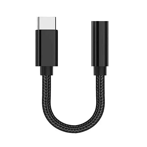 usb-c-earphone-adapter-sort USB-C Earphone adapter med flettet ledning. USB-C til minijack. -
