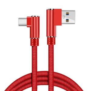 USB-C til USB-A Kabel  -  Flettet, Begge Stik Vinklet 90Â°, 3m (Rød) -