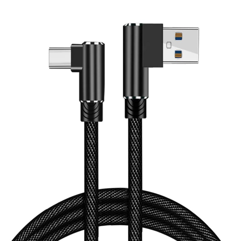 Flettet USB-C til USB-A kabel. Han-Han. Vinklet. Sort. USB-C til USB-A Kabel - Flettet, Begge Stik Vinklet 90°, 3m (Sort) -