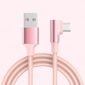 USB-C til USB-A Kabel  -  Flettet, USB-C Stik Vinklet 90Â° Opladnings- og Datakabel 1m (Lyserød) -