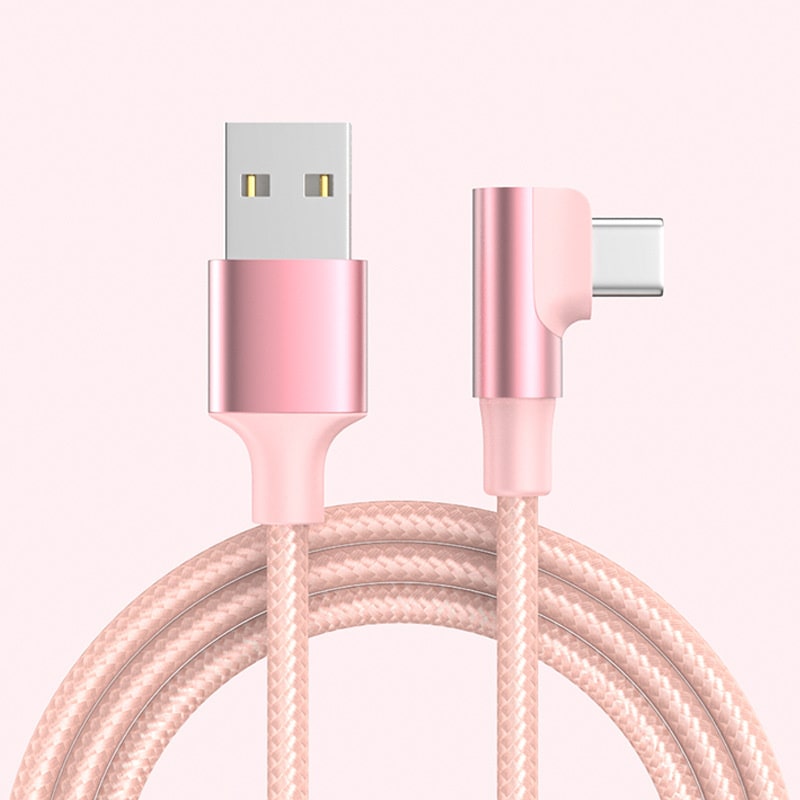 Flettet USB-C til USB-A Kabel 1m – Vinklet 90° (Lyserød) USB-C til USB-A Kabel - Flettet, USB-C Stik Vinklet 90° Opladnings- og Datakabel 1m (Lyserød) -