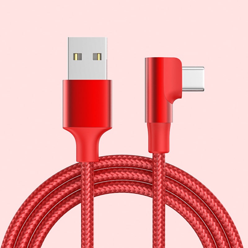 Rødt flettet USB-C til USB-A kabel – USB-C stik vinklet 90° USB-C til USB-A Kabel - Flettet, USB-C Stik Vinklet 90° Opladnings- og Datakabel 1m (Rød) -
