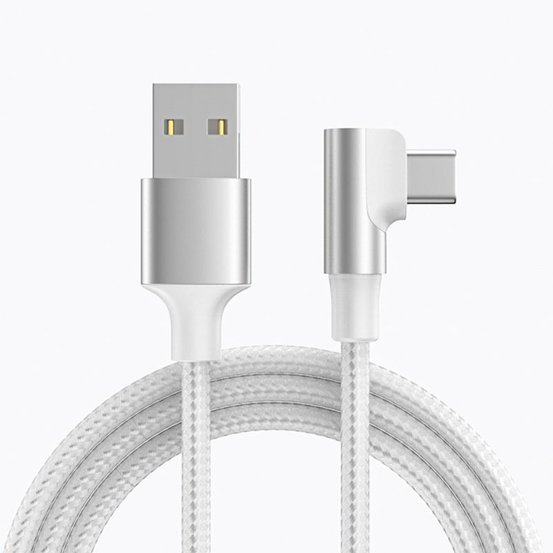 USB-C til USB-A Kabel – Flettet, USB-C Stik Vinklet 90° (1m) Silver USB-C til USB-A Kabel - Flettet, USB-C Stik Vinklet 90° Opladnings- og Datakabel 1m (Silver) -
