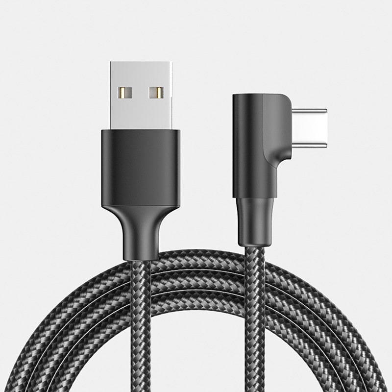 USB-C til USB-A Kabel – Flettet kabel med Vinklet Stik 90° Sort USB-C til USB-A Kabel - Flettet, USB-C Stik Vinklet 90° Opladnings- og Datakabel 1m (Sort) -