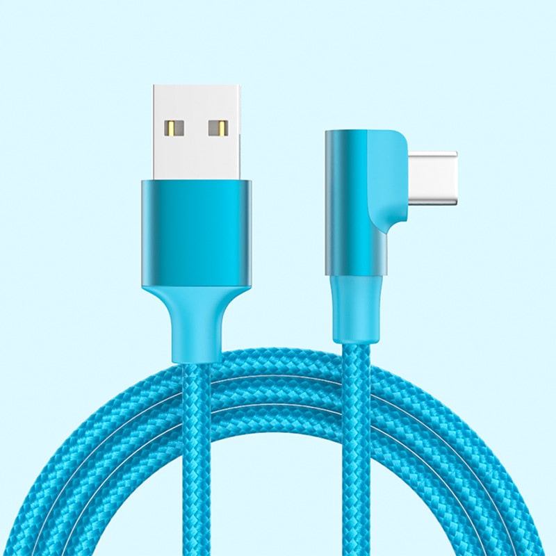 USB-C til USB-A Kabel –Flettet Nylon, USB-C Stik Vinklet 90° Turkisblå USB-C til USB-A Kabel - Flettet, USB-C Stik Vinklet 90° Opladnings- og Datakabel 1m (Turkisblå) -