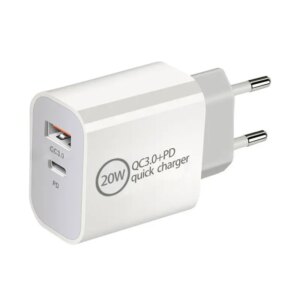 USB-Oplader med To Porte. 20W Hurtig Oplader med USB-C & USB-A -