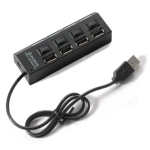 Sort 4-Ports USB 2.0 Hi-Speed Hub. Med On/Off knapper. -
