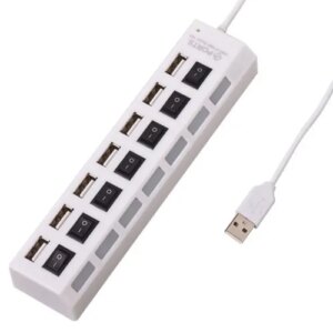 Hvid 7-Ports USB 2.0 Hi-Speed Hub. Med On/Off knapper. -
