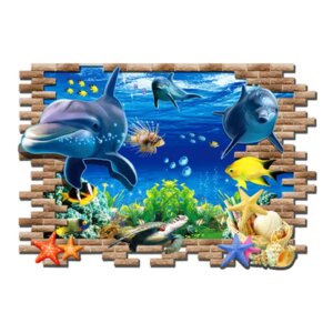 Flot wallsticker med delfiner. Hul i væggen. 97x67cm. -