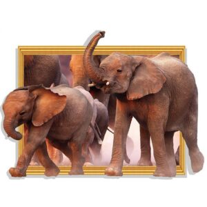 Flot wallsticker med elefanter som 3D motiv. På vej ud af billedet. 64.5x88cm. -