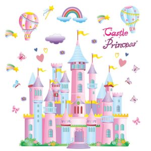 Wallsticker med et prinsesseslot i flotte pastelfarver. Luftballoner, Regnbue og Stjerneskud. -