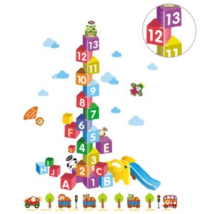 Målebånds Wallsticker med byggeklodser med tal og bogstaver. Flot og farverig højdemåler. -