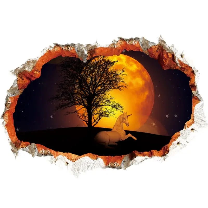 wallsticker-unicorn-sundown-hul Enhjørning Wallsticker. Hul i væggen. Enhjørning foran en smuk solnedgang. -