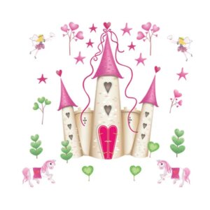 Sød wallsticker med et slot, hjerter og heste. 90x88cm. -
