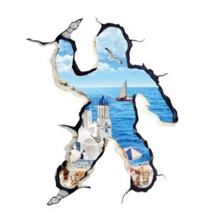 Sjov wallsticker. Barn på flugt gennem hul i væggen. 110x90cm. -