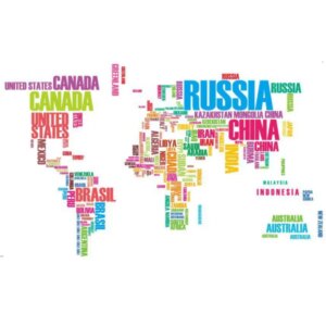 Verdenskort wallsticker med landenavne i farver. 122x74cm -