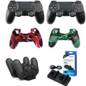 PlayStation 4 Controller Pakke med 2x sorte PS4 Controllere, 2x PS4 controller silikone covers og 1x PS4 Controller dual charger. -