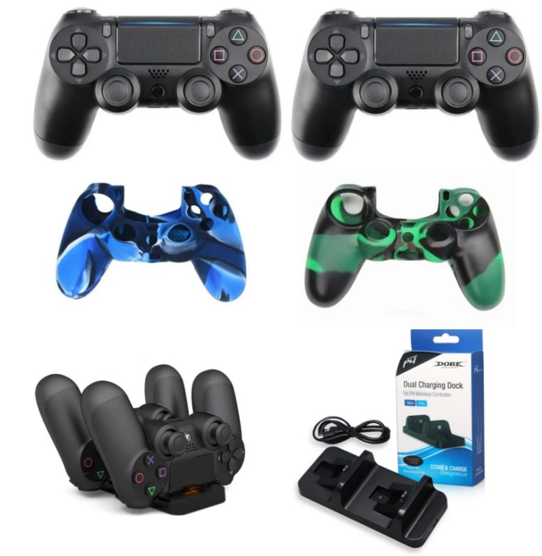 PlayStation 4 Controller Bundle. 2x Controller, covers mm PlayStation 4 Controller Pakke med 2x sorte PS4 Controllere, 2x PS4 controller silikone covers og 1x PS4 Controller dual charger. -