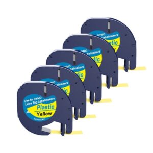 5 stk. Dymo 91202 / 91222 sort på gul plastiktape 12 mm  S0721620 - Kompatibel - INKpartner ApS